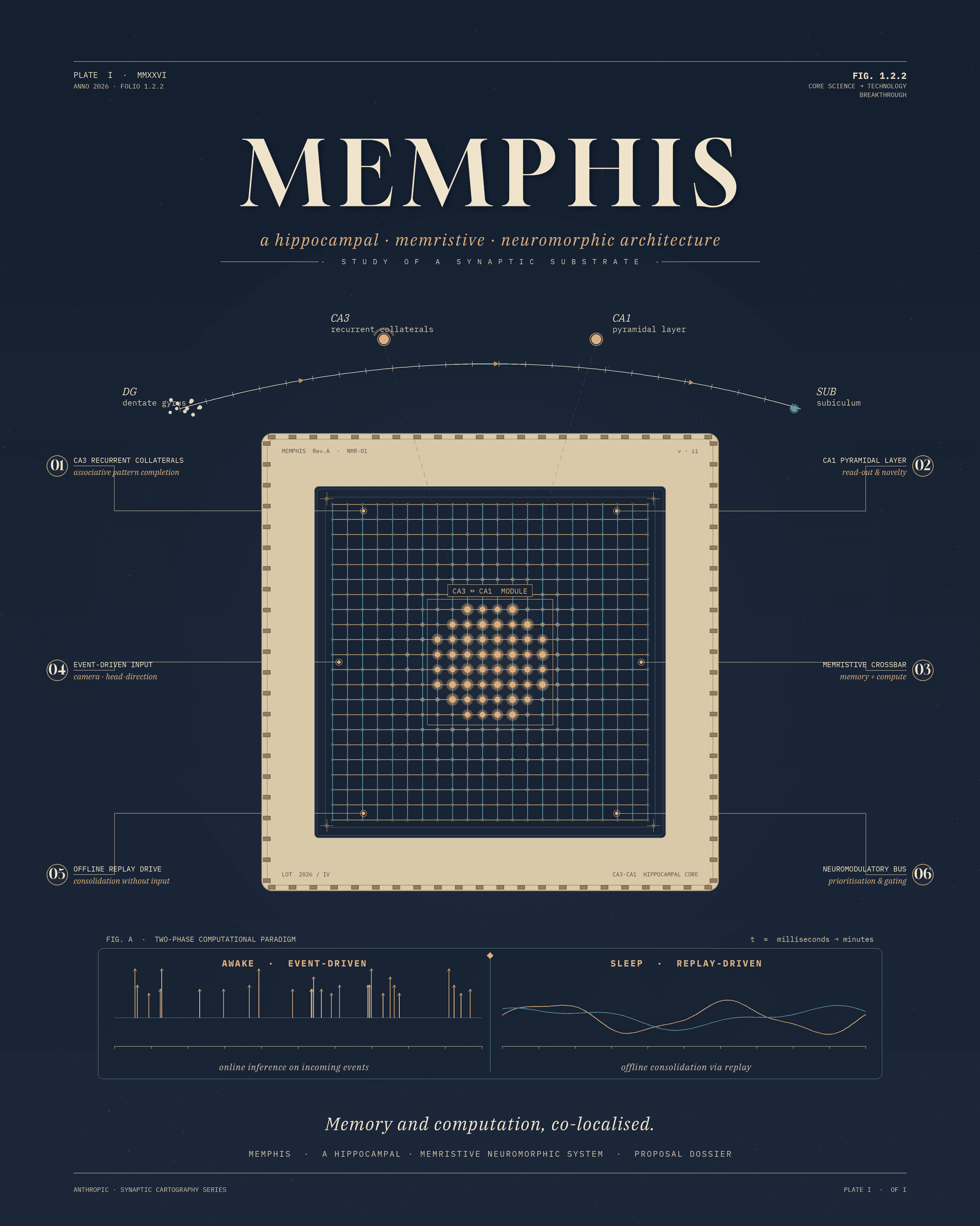 Plate I (MEMPHIS) — the hippocampal-memristive chip plate, hero of /synaptic/memphis.