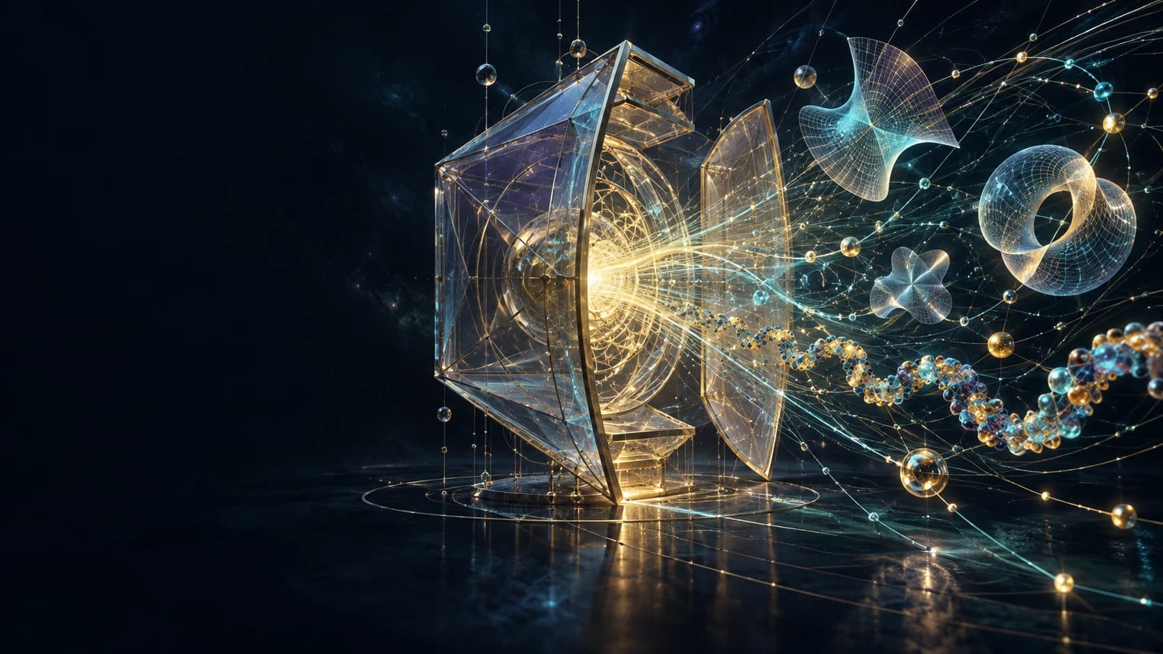 Conceptual editorial artwork: a research chamber opening into a lattice of shared intelligence.
